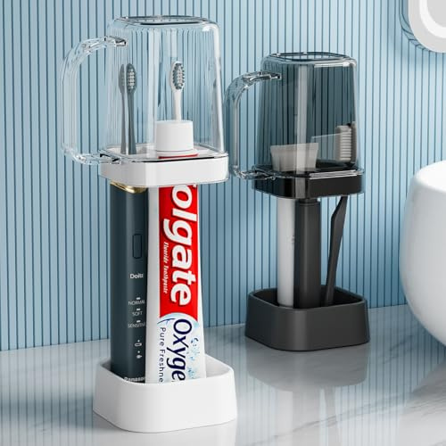 Portaspazzolino da bagno in materiale PP, supporto per dentifricio con bicchiere per collutorio in materiale PS, organizer per accessori da bagno (bianco)