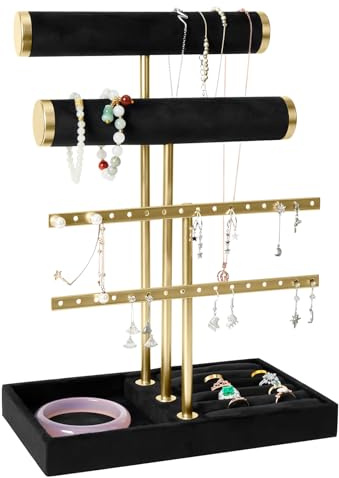 SUPRBIRD Présentoir à Bijoux à 3 Niveaux, Organisateur de Bijoux Support Amovible en T, Porte Bijoux en Velours Porte Collier pour Bracelets, Colliers, Montres, Bagues (Noir)