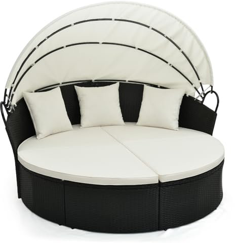 LIFEZEAL Rattan Sonneninsel mit Sonnendach, Gartenliege Sonnenliege mit Kissen, 5-teiliges Lounge Set mit faltbarem Regencover, Gartenlounge Terrassenmöbel bis zu 360 kg (Weiß, 168 x 180 x 157 cm)