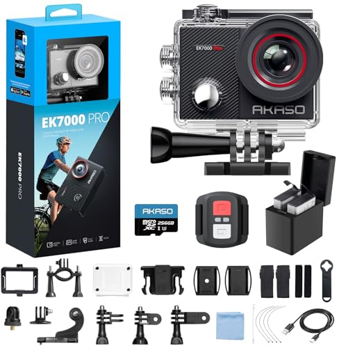 AKASO EK7000 Pro Caméra Sport 4K avec Carte MicroSDXC 256 Go, 20MP WiFi Action Caméra Sportive avec Ecran Tactile, Stabilisateur EIS, Télécommande, 170° Angle Réglable, Étanche 40M, Kit d'Accessoires