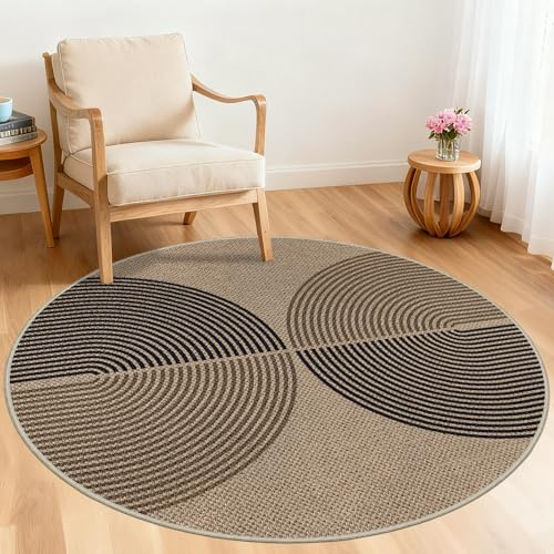 Capslpad Teppich Rund 120cm, Jute Aussehen Teppich Rund Wohnzimmer, Waschbar rutschfest Natürlich Outdoor Teppich für Wohnzimmer, Schlafzimmer, Balkon, Büro Bereich, Schwarz Braun