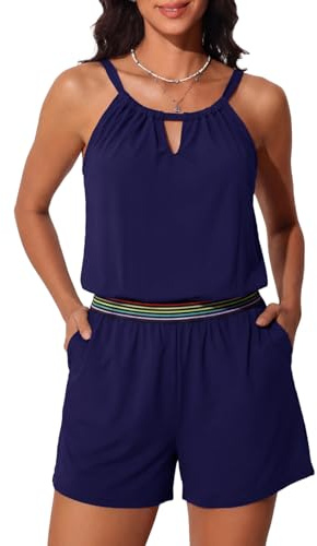 Summer Mae Swim Rompers for Women One Piece Swimsuit V-Wired Blouson Bathing Suit with Pockets High Neck Swimwear 2026 Navy Blue 16