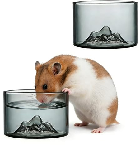 Acsist 2 Pcs Hamster Feeding & Water Bowls, Glass Hamster Water Bottle Rat Food Bowl Anti Turning Small Animal Bowls for Gerbils Mice Rats (Grey)
