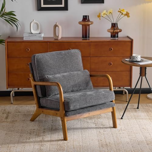 Bonnlo Accent Chair, Soild Wood Padding Lounge Armchairs, Occasional Reading Chair with Cushions and Lumbar Pillow, Armchairs for Living Room, Bedroom, Guest Room, Chenille (Dark Grey)