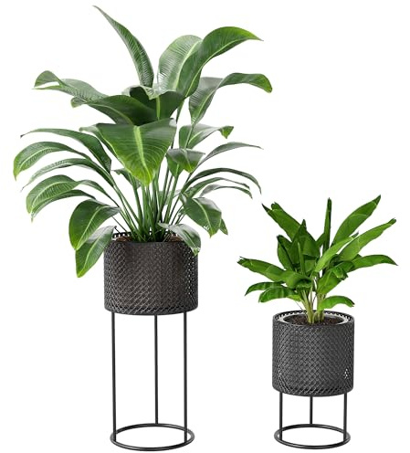 Outsunny Metal Plant Pots for Indoor Outdoor, 2 Pcs Stackable Flower Planters with Hollow Design, for Garden Home Balcony Railing Fence, Black