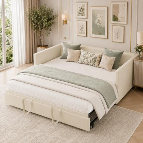 Sofá cama extensible 90/180 x 200 cm, cama de día extensible, con somier, cama funcional para salón dormitorio, sin colchón (beige)