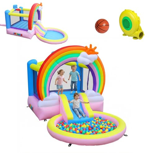 Bonnlo Tobogán Hinchable Infantil con Piscina, 370x192x192 cm, Cama Elástica y Diseño Arcoíris Nubes, Parque Inflable para Jardín Exterior e Inretior, Oxford 420D+840D