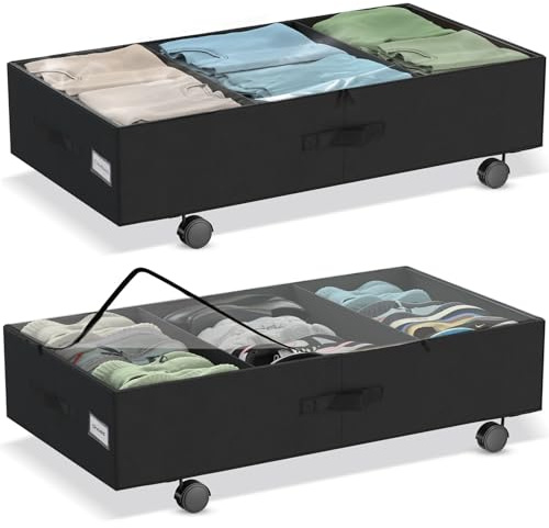 SIXRUN Contenedor de Almacenamiento Debajo de la Cama con Ruedas, Contenedor Rodante de Tela Oxford Resistente para Ropa, Zapatos, Juguetes, Negro, 2 uds.