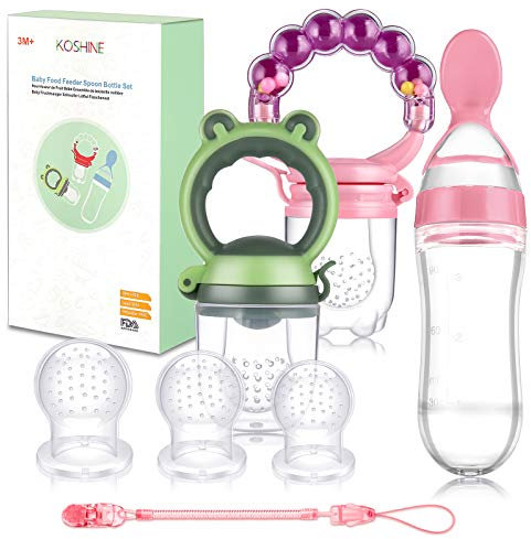 Fruchtsauger Baby Feeder Obst Fütterung Babynahrung Rassel Schnuller Silikon Flasche Löffel für Kleinkinder (Rosa)