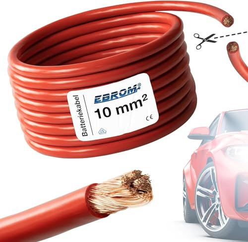 EBROM FLY Fahrzeugleitung - KFZ Leitung – Batteriekabel ROT – Querschnitt 10 mm² - Meterware – flexibel 90 ± 5 Shore - 99,99% Kupfer, Mantel Spezial PVC FLY FLRy - Fahrzeugkabel in 10mm2