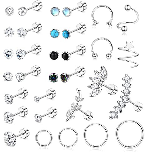 MILACOLATO Silver Helix Cartilage Earrings Set For Women Men Stainless Steel Small CZ Opal Star Flat Back Tragus Ear Studs 18G Hypoallergenic Septum Daith Nose Hoop Top Ear Piercing Jewellery 32Pcs