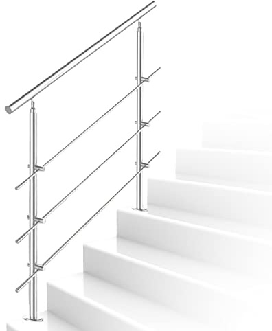 Ikodm Barandilla de acero inoxidable 180 cm con 3 travesaños y accesorios, pasamanos para escaleras, exterior e interior, ángulo ajustable para escaleras, jardín, entrada a casa