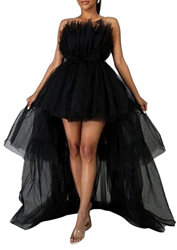 Alaurbeauty Robe Sexy à Épaules Dénudées en Tulle pour Femme, Sans Bretelles, Couleur Unie, Rayée, Dentelle Lac Through Mousseline de Soie, Maxi Robe de Soirée et de Bal, Noir, L