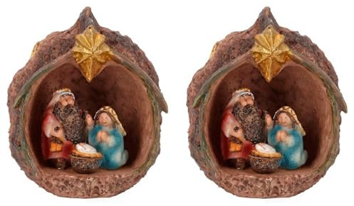 Acan Tradineur - Pack de 2 nacimientos en Nuez de Resina, decoración Navidad, belén, Pesebre, Figura, Adorno de sobremesa, estanterías, hogar, 11 cm