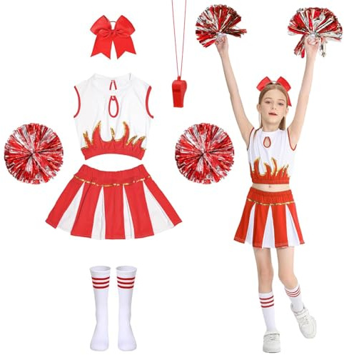 Deguisement Pompom Girl,Costume Cheerleader enfant sans Manche avec Pompoms, Sifflet ,Couvre-chefs et Chaussettes,Tenue de cheerleading enfants filles costume de carnaval pour 8-16 ans (Rouge, 150m)