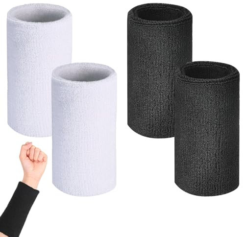 4 Piezas Bandas para el Sudor, Muñequera Deportivas Larga, Muñequeras Hombres Mujeres, 15 x 8 cm, Accesorios de Entrenamiento, para Gimnasio, Baloncesto, Béisbol, 2 Negras + 2 Blancas