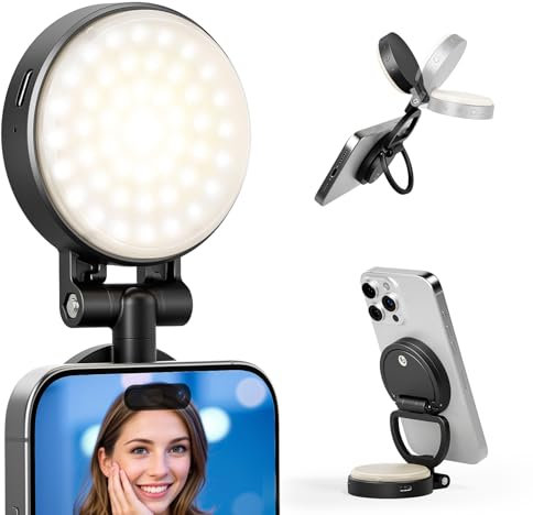 RALENO PL-30 Luz Magnética Selfie para iPhone Magsafe, Luz de Teléfono para Maquillaje Videoconferencias TikTok Vlog, Luz de Soporte Selfie con 2 Anillos Magnéticos, 350Lux/0,5m y 3 Modos de Luz