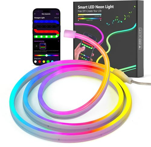 Kangtaixin Neon LED Strip 1m, Flexibler LED Streifen Mit App-Steuerung, 5V RGB LED Band Seil Lampe, DIY-Formen, Musik Sync, Lichtband für Wohnzimmer, Schlafzimmer, Wand, Gaming Deko