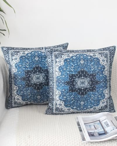 OYIMUA Kissenbezug Boho 50x50 2er Set Kissenbezüge Blau Weich Samtkissen Deko Couchkissen Kissenhülle Quadratisch Sofakissen Vintage Abstrakte Kissen Aesthetic Deko Wohnzimmer Modern Dekokissen