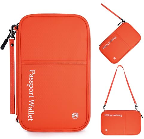 Dizdvizd Reisepass Tasche, Familie Reisepass Organizer mit RFID Blocker, Reisedokumententasche für Damen und Herren, Reisepasshülle Ausweistasche für Kreditkarten, Bordkarten, Fahrkarten, Orange