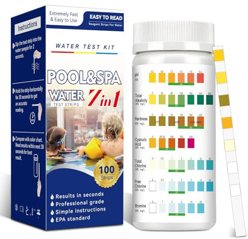 CYJJYZ 100 Pcs 7 en 1 Testeur pour Eau de Piscine et Spa, Piscine Bandelettes, Bandelettes Test Piscine, pour Test dureté, Alcalinité Totale, Acide Cyanurique, Chlore Total, Chlore Libre, Brome et pH