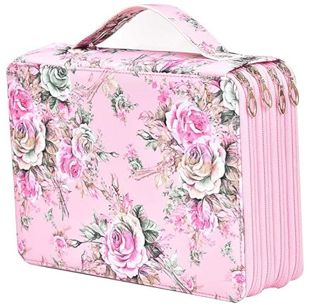 Becho Multifunction Zipper Soft Leather Pencil Case with Multi-Layer Zipper Separation High Capacity Holder Pouch Pen Bag Colored Flower Pencil Pen Box 200 Slots (Pink)