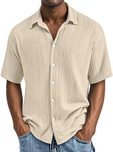 Uwdiohq Chemise boutonnée à Manches Courtes texturée pour Homme, en Coton, décontractée, Les Vacances, la Plage, légère et Ample, l'été Hommes Grands Et 0 Homme Manches Courtes Blanches Chemises