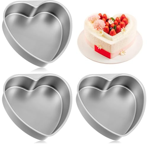 Nodaaiie 3 Pcs Heart Shaped Cake Pan, 8 Inch Aluminum Baking Tin for Valentine's Weddings Birthday Party and Baking Silver