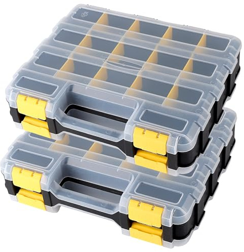 PUCSIQ 2 Cajas Organizadoras de Tornillos Doble Cara con 34 Compartimentos y Separadores Extraíbles para Herramientas, Clavos y Piezas Pequeñas