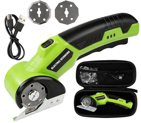 TICFOX Ciseaux Electrique Tissu Couture, 4,2 V Ciseaux Électriques Sans Fil universelle Avec batterie de 2000 mAh et 2 lames pour papier, carton, tapis, cuir, feutre