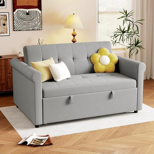 HOMCOM 2 Seater Sofa Bed with 7-Position Adjustable Backrest, Convertible Pull Out Sleeper Sofa, Mid-Century Modern Fabric Bed Settee for Living Room, Guest Room, Grey