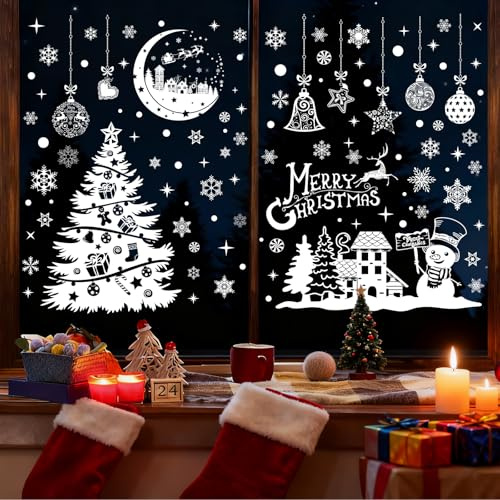 Smlper 202 immagini per finestre di Natale, Natale, finestre di Natale, decorazioni natalizie, autoadesive, fiocchi di neve, stelle, alberi di Natale, renne (A)