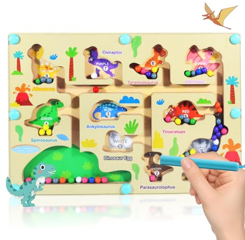 Solinorex Magnetspiel Labyrinth Spielzeug Busy Board, Dinosaurier Magnetisches Perlenlabyrinth aus Wachsholz – Lernspielzeug für Kinder ab 3 Jahren mit Zählfunktion & Motorikförderung