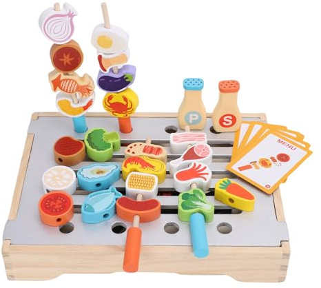 Generic Ensemble de Jeu de Gril pour Enfants, Ensemble de Jeu de Cuisine de Simulation de Jouet de Barbecue en Bois pour Les Activités Intérieures et Extérieures