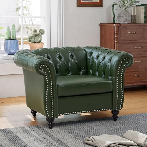 QHITTY Accent Chair, Chesterfield Chair Modern Leather Upholstered Chair with Tufted Back for Living Room Furniture (Green)