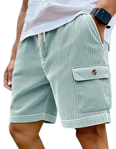 PADOLA Short Velours Côtelé Homme été Taille Elastique Sport Shorts de Plage avec Multi Poches Baggy Bermuda Pantalon Cargo de Travail Cordon de Serrage Jogging Pantacourt Running