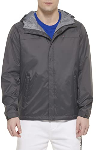 Tommy Hilfiger Lightweight Breathable Waterproof Hooded Rain Jacket Chubasquero, Gris Oscuro, XL Hombres