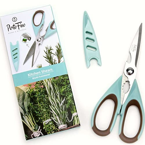 PortoFino Kitchen Scissors for Food, Stainless Steel Shears, Cooking Scissors for Chicken, Fish, Herbs, Lightweight and designed with a soft Non-Slip Grip, Protect Cover, Dishwasher Safe, Blue