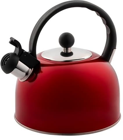 Venoly 2.5 Liter Whistling Tea Kettle - Modern Stainless Steel Whistling Tea Pot for Stovetop Hot Water Boiler with Cool Grip Ergonomic Handle (Wine Red, 2.5 Liter)