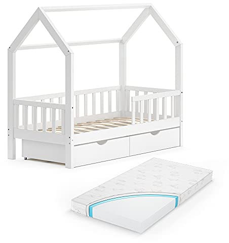 VitaliSpa Hausbett 80x160 cm Wiki mit Schubladen und Matratze - Weiß 86x150x87 cm aus Holz - Bett platzsparend für Kinderzimmer, für einen ruhigen und sicheren Schlaf