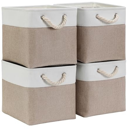 Mangata Aufbewahrungsbox Stoff 25x25x25 cm, aufbewahrungskorb Helles Khaki Weiß, Korbe Stoff in Würfel für Schrank, Regal, und Kleidung (Faltbare, 4er Pack)