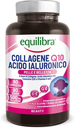 Equilibra Complemento alimenticio, Colágeno Q10 Ácido Hialurónico, Bueno estado de la piel, a Base de Colágeno Hidrolizado, Ácido Hialurónico, Coenzima Q10, Vitaminas C y E, 90 Comprimidos