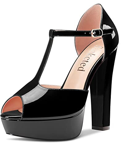 Saekcted Donna Chunky Blocco Alto High Tacco Heel Piattaforma Aperte sulla Punta T-strap Sandali da Matrimonio Ufficio Dress 13 CM Heels Nero 45 EU