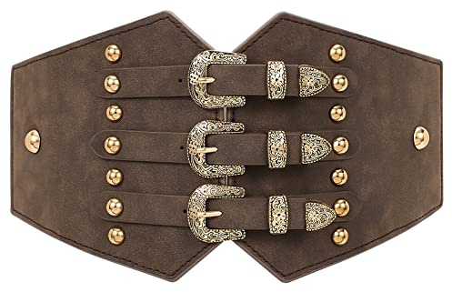WHIPPY Women Tied Waspie Corset Elastic Waist Belt Vintage Wide Leather Belt Pirate Cinch Waistband for Dress Coat Shirt, Coffee, Fit waist 31-35