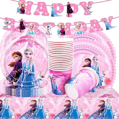 Rosa Prinzessin Set di 62 stoviglie per feste, 20 persone, motivo: regina di ghiaccio, inclusi piatti da 9, bicchieri, tovagliolo di carta, tovaglia per bambini, decorazione per feste di compleanno
