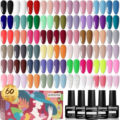 JODSONE Juego de esmaltes de uñas de gel, 60 piezas, con 5 botellas de base y cristal, capa superior mate, juego de uñas de gel remojo, preparado para regalos de esmalte de para todos