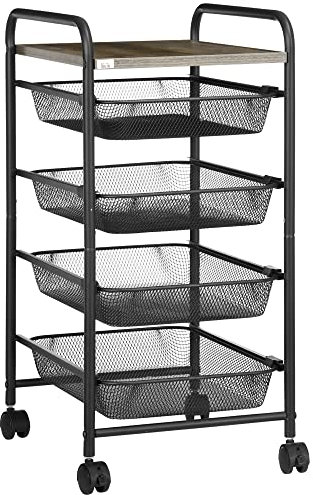 HOMCOM Rollwagen, Küchenwagen mit 4 Körben, Aufbewahrungsregal mit Rollen, Haushaltregal, Servierwagen für Schlafzimmer, Wohnzimmer, Stahl, Schwarz, 41,5 x 31 x 66 cm