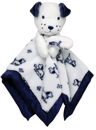 Plush Rattle Baby Snuggle Blanket with Satin, Blue and White Little Me Puppy Toile Print, Puppy Toy (14 inch)