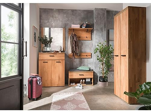 Lomadox Flur komplett Set inkl. Dielenschrank Spiegel Schuhschrank Paneel Bank in Eiche massiv geölt
