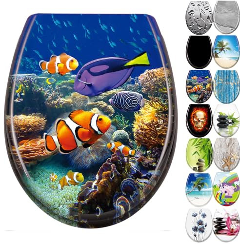 JNGLGO Toilettendeckel WC Sitz mit Absenkautomatik Antibakterielle Toilettensitz mit Klodeckel Oval Klobrille Duroplast für einfach Reinigung, Unterwasserwelt